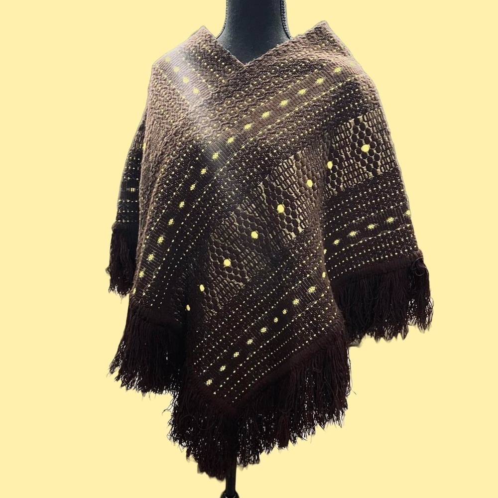 The Guatemalan Vintage Poncho Brown Yellow Gold One Size
